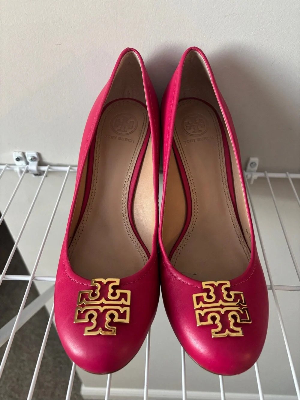 Tory Burch Hot Pink Leather Logo Wedges